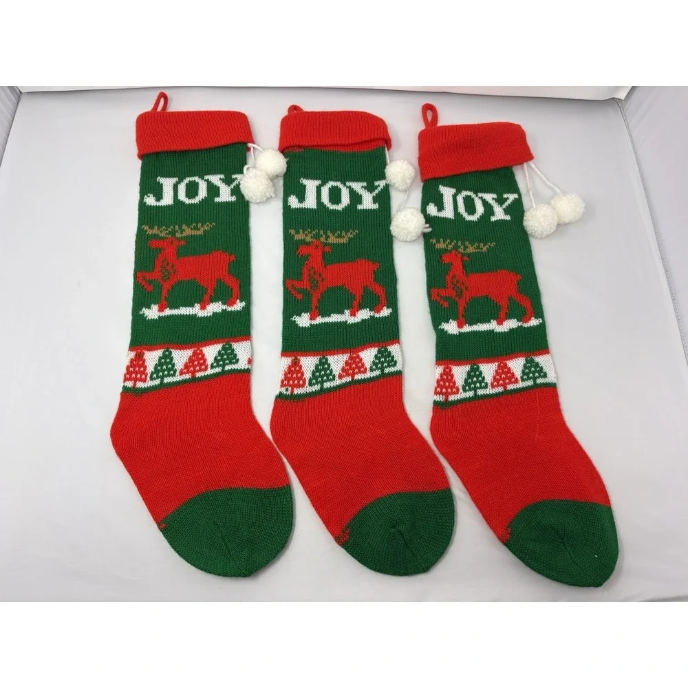 3 Vintage Red Green Joy Reindeer Knit Christmas Stocking PomPom Granny Core 80's